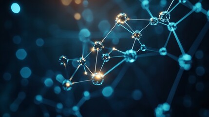 3D rendering of a molecule structure with glowing particles and abstract connected lines on a dark tech background
