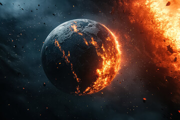 Wall Mural - planet is on fire and surrounded by a lot of debris. the planet is in the middle of a fiery explosio