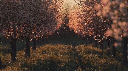 Wall Mural - sun-kissed orchard, blossoming trees bathed in golden light during sunset