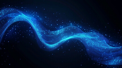 Wall Mural - Abstract blue background with glowing blue wave with particles on a dark background.