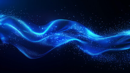 Wall Mural - Abstract blue background with glowing blue wave with particles on a dark background.