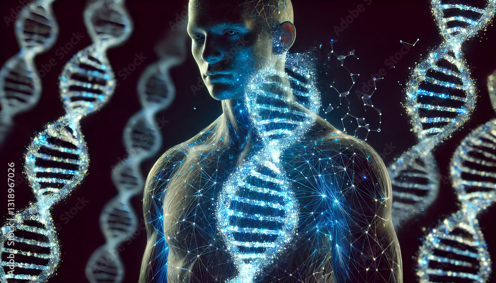 Illustration Stock "Future humans, DNA flashing like digital codes and ...