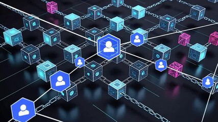 Blockchain network with user icons and chain connections, digital security