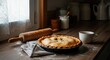 © Tati - Freshly baked pie and cup on wooden countertop near window in cozy kitchen