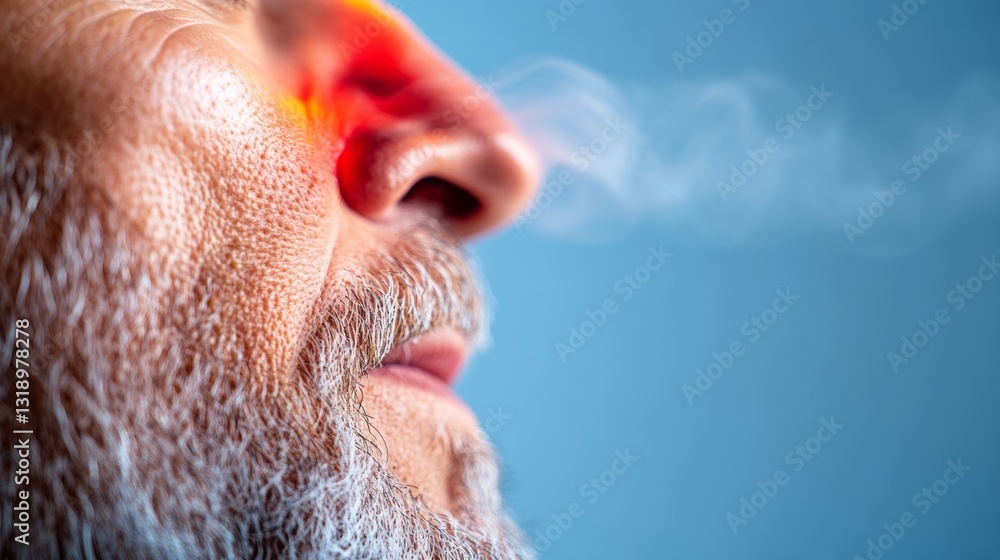 Man with a red nose and a white beard is smoking a cigarette. The smoke ...