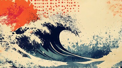 Fototapete - Powerful Crashing Ocean Wave in Retro Splash and Swirl Abstract Art Style