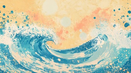Poster - Powerful Ocean Wave Crashing and Splashing Against Shoreline in Vibrant Blue and Orange Colors