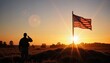 © MarGa - Saluting soldier in uniform honoring the American flag against a vibrant sunset background, memorial tribute concept of military organizations or veteran services