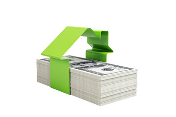 Aufkleber - Green house-shaped ribbon over stacked US dollar bills, isolated on white background. Concept of mortgage, loan, credit, and real estate investment. 3D Rendering.