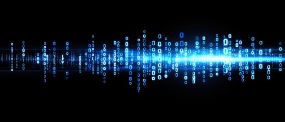 An abstract digital representation of sound waves, featuring bright blue tones and binary code against a dark background.