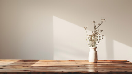 Fototapete - Wooden table copy space background empty desk template. table horizontal background mock up with plaster wall and vase. Empty display with soft shadow and sunlight light