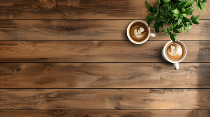 Fototapete - table top view copy space background. Empty table with cups and leave. Wooden texture background table desk plank brown surface
