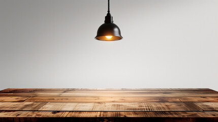 Fototapete - Table desk furniture hanging lamp white wall copy space. illuminated table background empty wooden surface design mock up