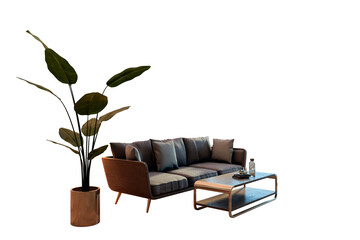 Aufkleber - Stylish sofa, coffee table, and potted plant on white background. Elegant furniture layout for interior design and home decor concepts. 3D Rendering