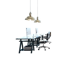 Wall Mural - contemporary office desk with computers, chairs, and industrial-style hanging lamps on a white backg
