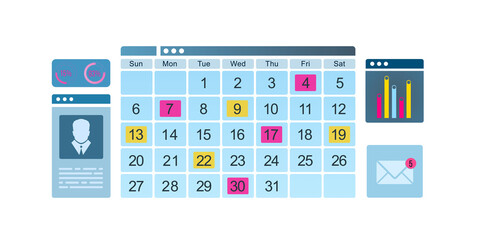 Wall Mural - digital calendar layout with highlighted dates, user profile, stats, and email notification icons. i