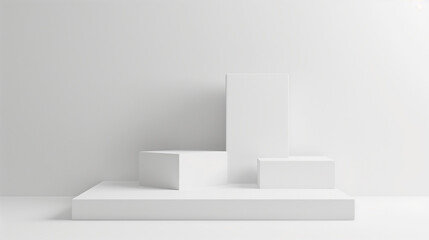 Aufkleber - geometrical forms white background. White elements design copy space with empty illuminated room template table stage podium. White color product background placement