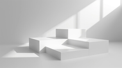 Fototapete - geometrical forms white background. White elements design copy space with empty illuminated room template table stage podium. White color product background placement