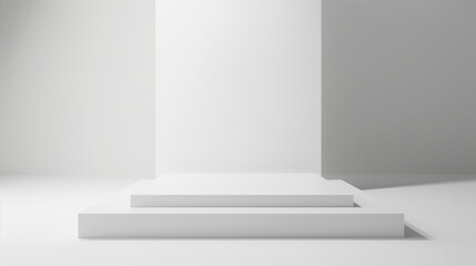 Aufkleber - geometrical forms white background. White elements design copy space with empty illuminated room template table stage podium. White color product background placement