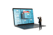 © Who is Danny - Businesswoman puzzled by a laptop with file cabinet drawers, symbolizing digital file management, on a white background