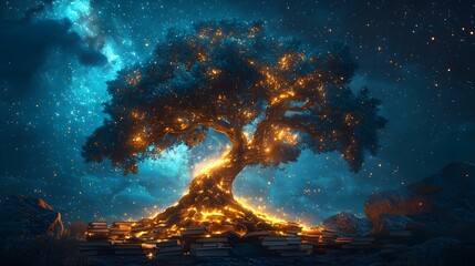 Sticker - glowing tree of knowledge roots entwined with books spreading into a starry sky embodying the transf