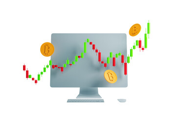 Fototapete - Bitcoin trading chart on a computer screen with floating BTC coins, symbolizing cryptocurrency investment and digital finance on a white background. 3D Rendering