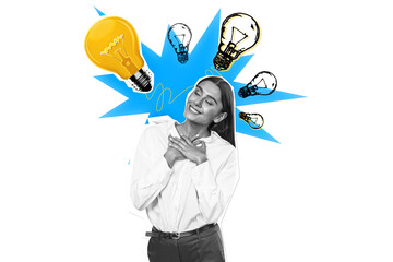 Fototapete - Smiling businesswoman in white shirt with hands on chest, surrounded by glowing lightbulbs on a white background. Concept of creativity and ideas