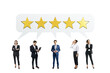 © Who is Danny - Business professionals with five-star rating speech bubbles above them, standing isolated on a white background. Concept of feedback and evaluation
