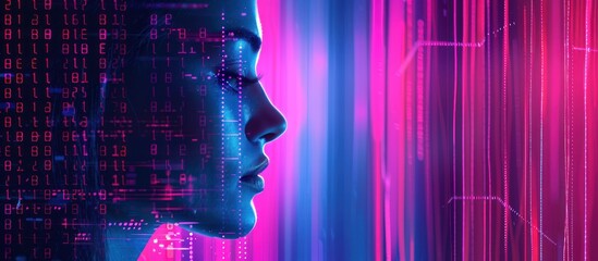 Wall Mural - ai woman profile with binary code overlay, neon pink blue background.