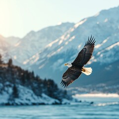 bald eagle soaring over snowy mountains, winter landscape, wildlife photography, nature background