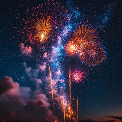 Wall Mural - surreal fireworks display forming galaxies and constellations in midnight sky