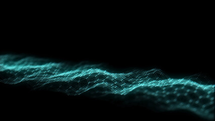 Leinwandbilder - Dark hexagon wave of particles and lines with glitch effect. Big data visualization. Abstract background with a dynamic wave. 3d rendering.