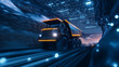 © Maksym - A self-sustaining mining truck powered by renewable energy, driving through a futuristic, digitized quarry with augmented reality data floating in the air.