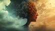 © Inspire Shots Hub - Tree forming a human face profile, half autumn leaves, half bare branches against a cloudy sky, symbolizing duality, change, or the cycle of life