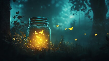 Fireflies trapped in a jar at night.