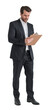 © ImageFlow - Professional man in a suit holding a clipboard, standing against a white background. Concept of business, management, and corporate responsibility