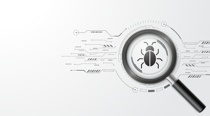 Leinwandbilder - Concept of cyber security. Magnifying glass focus malware on the circuit board. Cyber attack and data hack. Dangers of internet theft, Modern futuristic design background. Vector illustration.
