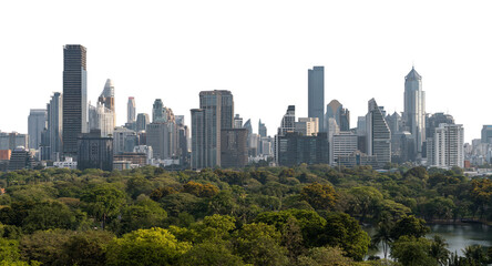Bangkok city skyline with tall skyscrapers and a green park in the foreground, isolated on a white background. Urban architecture and nature contrast concept
