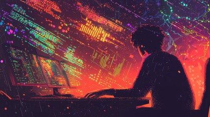 Abstract tech art showing a programmer interacting with floating lines of code and colorful data charts, vibrant digital atmosphere