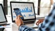 © People Concept  - Latin American team with laptop and phone growth chart Hyperrealistic