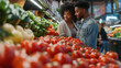 © Tahsin - Happy couple shopping fresh tomatoes and peppers at grocery store red food diet love green market