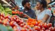 © Tahsin - Happy couple shopping fresh tomatoes peppers healthy grocery store red food diet love green market