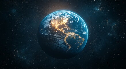 Wall Mural - a blue planet with a bright orange sun in the sky. blue planet earth with starlight and sun in the s