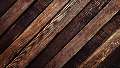 Poster - close-up of dark brown wooden planks with burnt texture, diagonal lines pattern, ideal for rustic background and design projects

