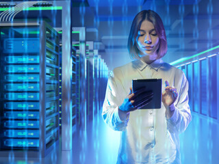 Woman server software programmer. Girl with tablet in data center. Portrait of system administrator. Server room with computer equipment. Woman programmer among binary code. Data center engineer