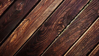 Poster - close-up of dark brown wooden planks with burnt texture, diagonal lines pattern, ideal for rustic background and design projects

