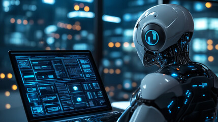 Robot working with laptop showing futuristic software in office at night