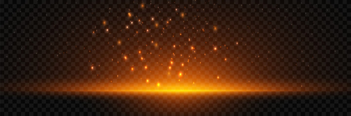 Shiny bokeh, gold glitter and dust particles. Light effect isolated on transparent background. Vector.