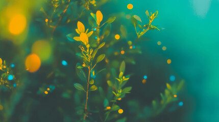 Fototapete - Enchanting abstract bokeh with greenery and colorful lights for creative design