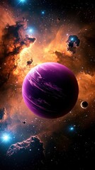 Wall Mural - a surreal cosmic painting featuring a violet-hued planet floating majestically against a starry cele